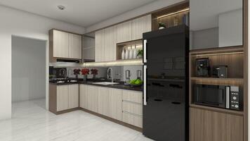rústico cozinha Projeto com de madeira gabinete mobiliário, 3d ilustração foto