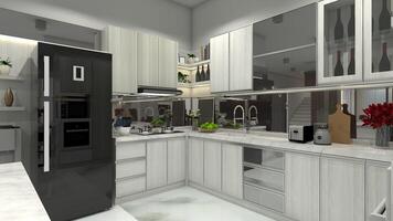 moderno e luxo cozinha Projeto com de madeira gabinete, espelho backsplash e mármore bancada, 3d ilustração foto