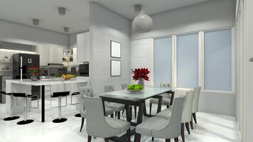 moderno jantar quarto Projeto integrar com cozinha e Barra mesa, 3d ilustração foto