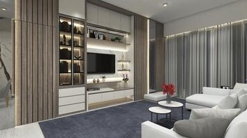 luxuoso vivo quarto com madeira televisão ficar de pé e sofá, 3d ilustração foto