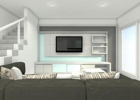 moderno vivo quarto Projeto usando branco televisão gabinete com painel decoração, 3d ilustração foto