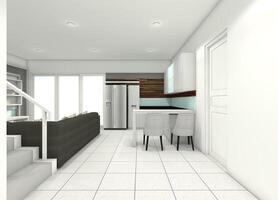 vestíbulo e lado escada espaço Projeto para jantar quarto e cozinha área, 3d ilustração foto