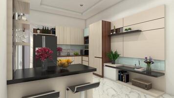 moderno cozinha Projeto com minimalista Barra gabinete e parede painel decoração, 3d ilustração foto