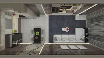 chão plano luxo e moderno interior residencial vivo quarto projeto, 3d ilustração foto