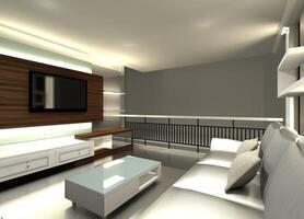 moderno vivo quarto com minimalista mesa, televisão gabinete e sofá, 3d ilustração foto