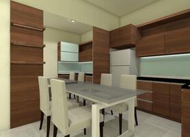 rústico cozinha gabinete Projeto com conjunto jantar mesa e cadeirão, 3d ilustração foto