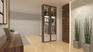 interior corredor Projeto com de madeira parede painel e divisor gabinete, 3d ilustração foto
