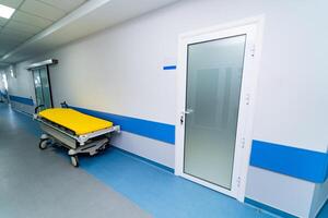 clínico cuidados de saúde corredor com portas dentro ala. moderno médico interior dentro hospital. foto
