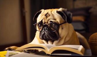 ai gerado pug cachorro vestindo óculos e lendo livro foto