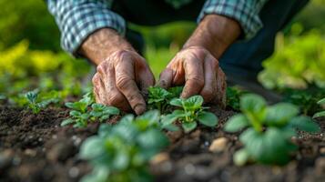 ai gerado plantio do mudas dentro a solo mãos do uma cara. uma fechar acima imagem do uma pessoas mãos suavemente segurando para uma em vaso plantar. foto