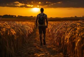 ai gerado homem corrida passado a silos contra olímpico pôr do sol. uma homem é caminhando através uma campo do trigo durante pôr do sol, criando uma sereno e tranquilo ambiente. foto