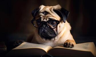 ai gerado inteligente cachorro pug dentro óculos deitado e lendo livro foto