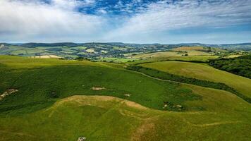 tirar o fôlego aéreo Visão do exuberante verde rolando colinas debaixo uma Claro céu, exibindo a beleza do rural paisagens. foto