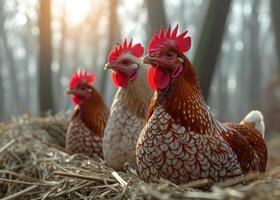 ai gerado três galinhas estão sentado em feno dentro a manhã Sol foto