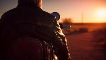 ai gerado motociclista olhando às a pôr do sol foto