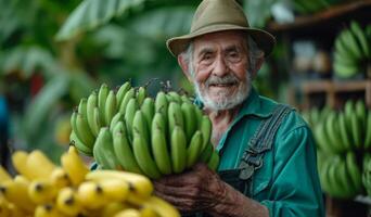 ai gerado a velho homem dentro a orgânico estufa colheita bananas. uma homem carrinhos segurando uma agrupar do vibrante verde bananas dentro dele mãos. foto