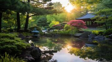 ai gerado iluminador uma sereno japonês jardim foto