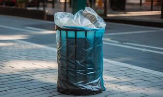 ai gerado Lixo pode é coberto com plástico saco em a rua foto