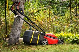 cortador de grama em verde Relva dentro ensolarado dia ar livre. especial manual máquina para Relva corte. jardinagem conceito. foto