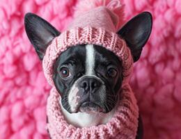 ai gerado boston terrier dentro festa chapéu vestindo Rosa vestir. uma Preto e branco cachorro é visto vestindo uma Rosa chapéu e lenço. foto