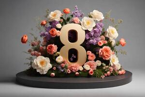 ai gerado 3d mulheres dia, 8 8 de março número decorado de flores foto