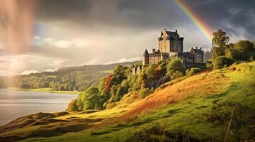 ai gerado arco Iris atrás uma castelo foto