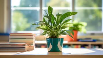 ai gerado uma estudante escrivaninha com uma em vaso plantar para uma toque do natureza foto