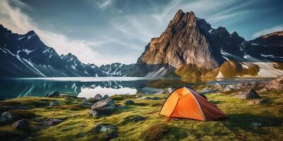 ai gerado acampamento contra a pano de fundo do Nevado montanhas e uma azul lago. estilo de vida conceito para Viajantes foto