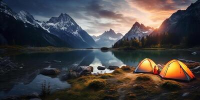 ai gerado acampamento contra a pano de fundo do Nevado montanhas e uma azul lago. estilo de vida conceito para Viajantes foto