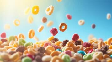 ai gerado uma cascata do colorida cereal peças foto