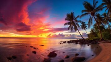 ai gerado a vibrante cores do uma tropical pôr do sol foto