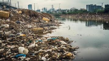 ai gerado poluído margem do rio com descartado industrial desperdício foto