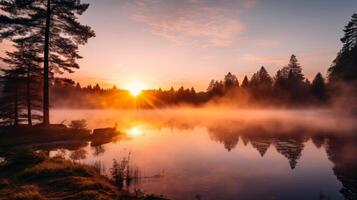 ai gerado uma radiante nascer do sol sobre uma névoa coberto lago foto