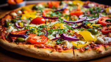 ai gerado uma fechar-se do uma carregado vegetariano pizza com colorida coberturas foto