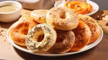 ai gerado uma prato do recentemente cozido bagels com uma variedade do coberturas foto