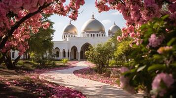 ai gerado uma pacífico jardim com florescendo flores dentro uma mesquita foto