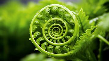 ai gerado a gracioso curvas do uma fiddlehead samambaia foto