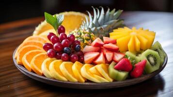 ai gerado uma fechar-se do uma refrescante tropical fruta prato foto