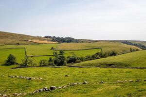 idílico campo panorama com verde Campos, pedra paredes, e rolando colinas debaixo uma Claro céu. foto