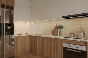 moderno cozinha interior. à moda branco cozinha armários com latão maçanetas, granito ilha foto