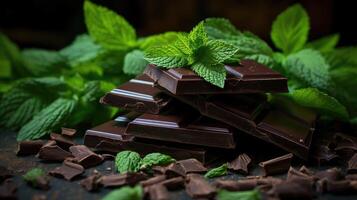 ai gerado saciar dentro rico Sombrio chocolate com fresco hortelã, aninhado em chocolate aparas de madeira. ai gerado foto