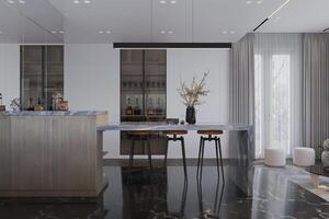 moderno jantar quarto com branco mobília, e limpar \ limpo minimalista interior. super foto-realista sala. foto