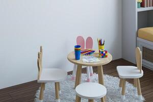 pequeno mesa e cadeiras com Coelho orelhas dentro crianças sala. interior Projeto foto