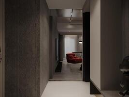 vivo quarto e corredor dentro uma contemporâneo apartamento com cinzento paredes foto