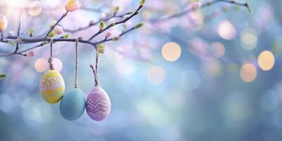 ai gerado decorativo árvore adornado com colorida Páscoa ovos suspensão em isto, contra uma pastel bokeh fundo foto