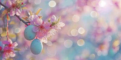 ai gerado decorativo árvore adornado com colorida Páscoa ovos suspensão em isto, contra uma pastel bokeh fundo foto