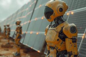 ai gerado robô em pé dentro frente do solar painéis. uma coleção do amarelo robôs em pé Próximo para cada outro, exibindo seus uniforme aparência e coordenado arranjo. foto