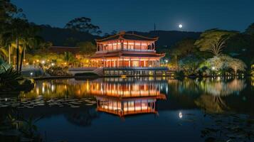 ai gerado antigo chinês arquitetura brilha às noite dentro a parque, refletido em água. Eterno beleza, ai gerado. foto