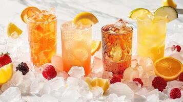 ai gerado vários bebidas servido dentro esmagado gelo crio uma refrescante e colorida mostrar. ai gerado foto