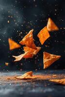 ai gerado crocante fresco Doritos planar através a ar contra uma Sombrio pano de fundo, sedutoramente delicioso, ai gerado. foto